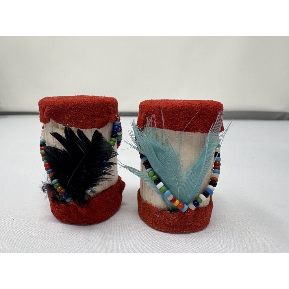 Vintage  Indian Drums Salt & Pepper Wood Rawhide beading